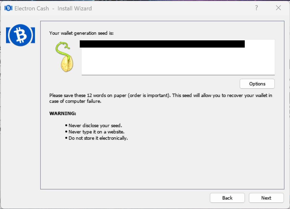 Electron Cash seed phrase backup